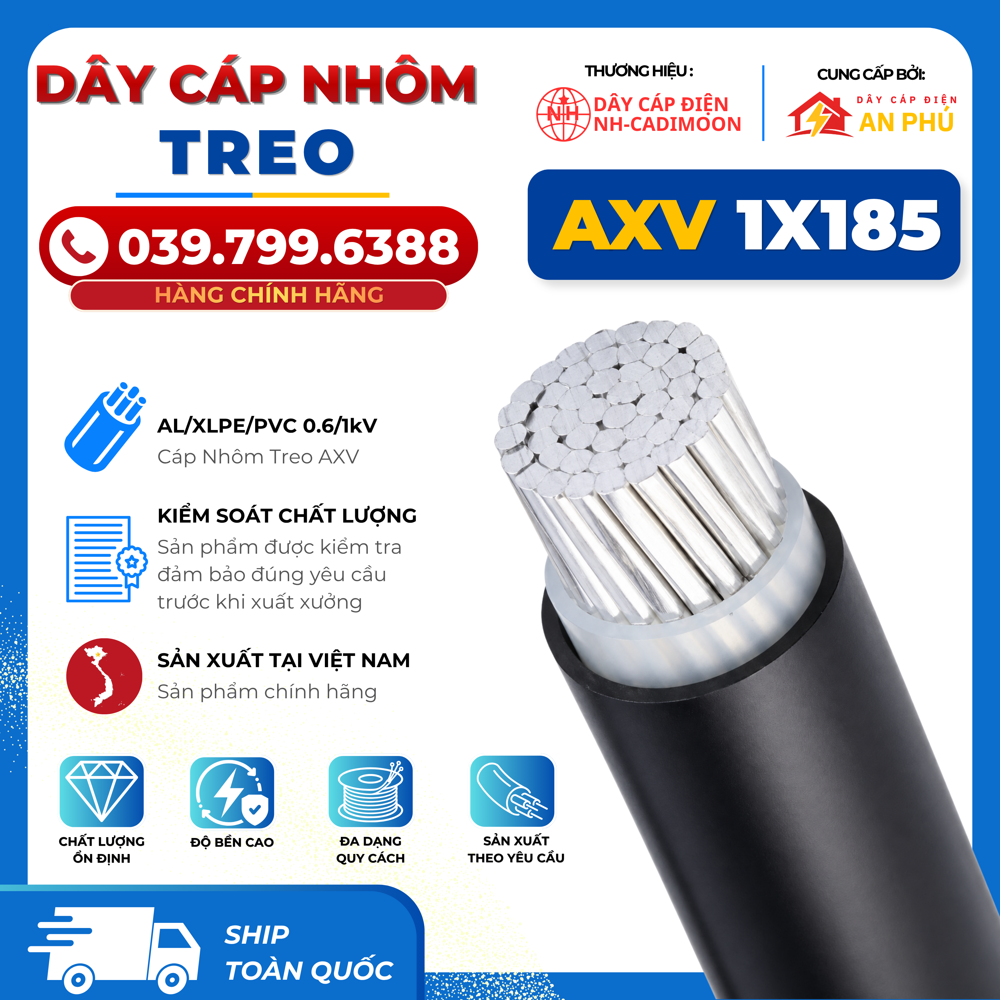 Cáp Nhôm AXV 1x95mm – AL/XLPE/PVC – 0.6kV – TCVN 6447